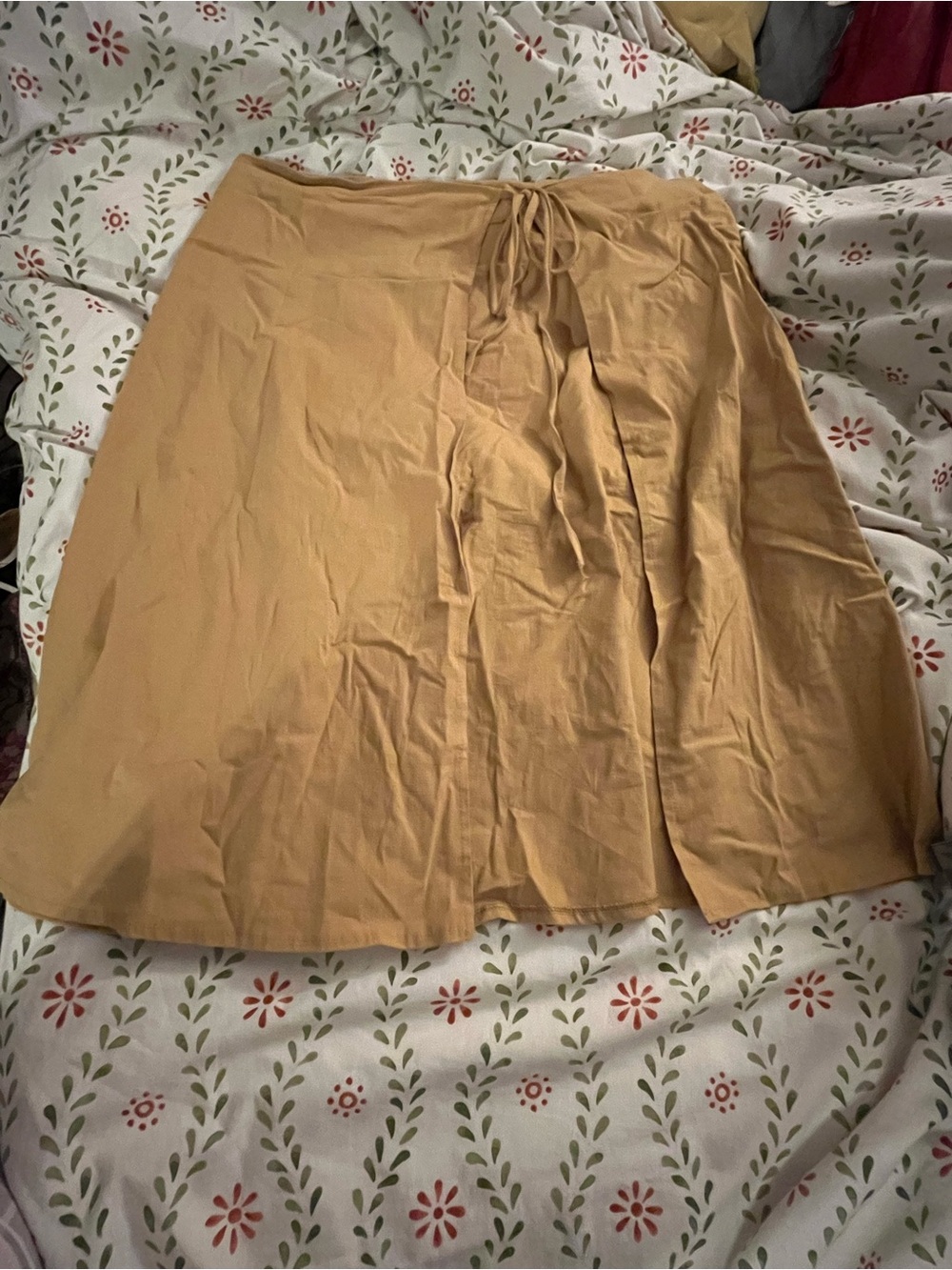 brown cotton a-line tie waist midi skirt
